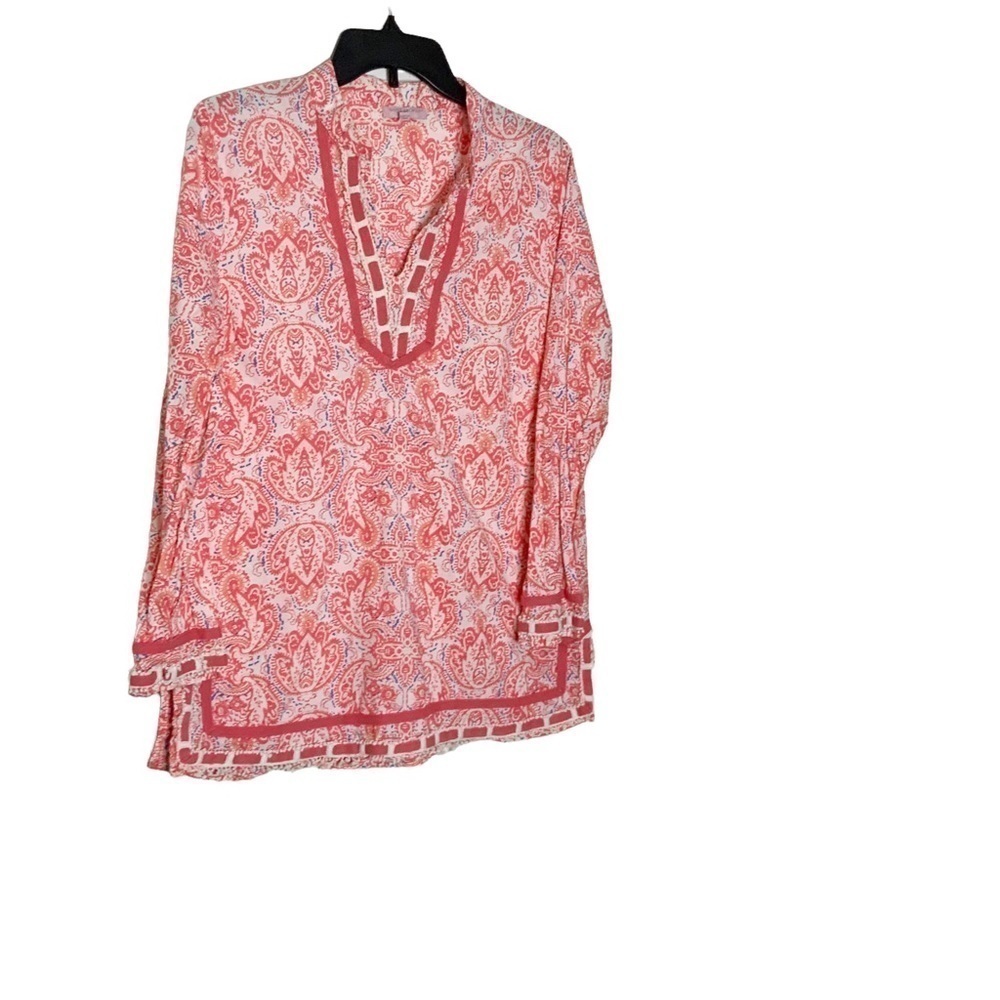 Saint Tropez West  long sleeve coral colored tunic blouse. V neckline. Size L - Picture 3 of 7